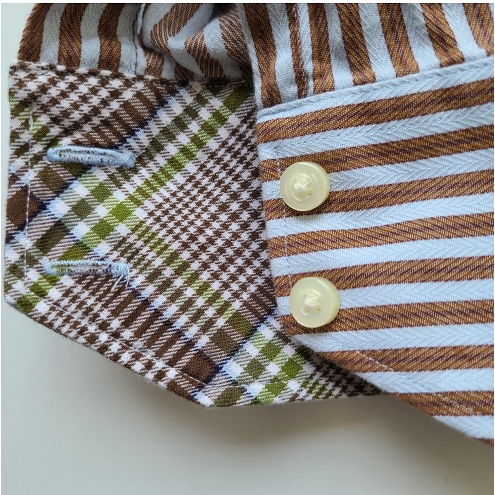 Men's Thomas Dean Blue Brown Striped Shirt XXL 100% Cotton Flip Cuff Casual - Picture 7 of 7